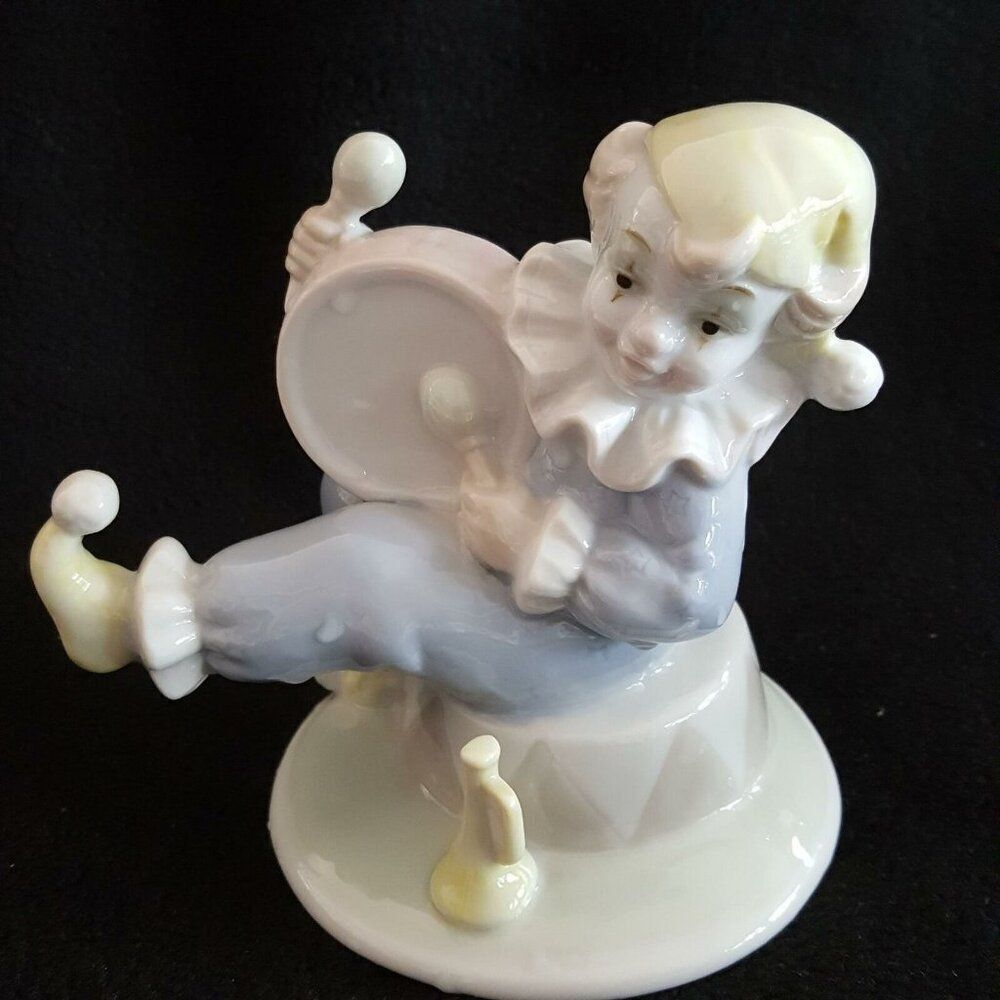 Vintage Valentino Clown Jester Drum Sculpture Figurine 5" Wooden Base